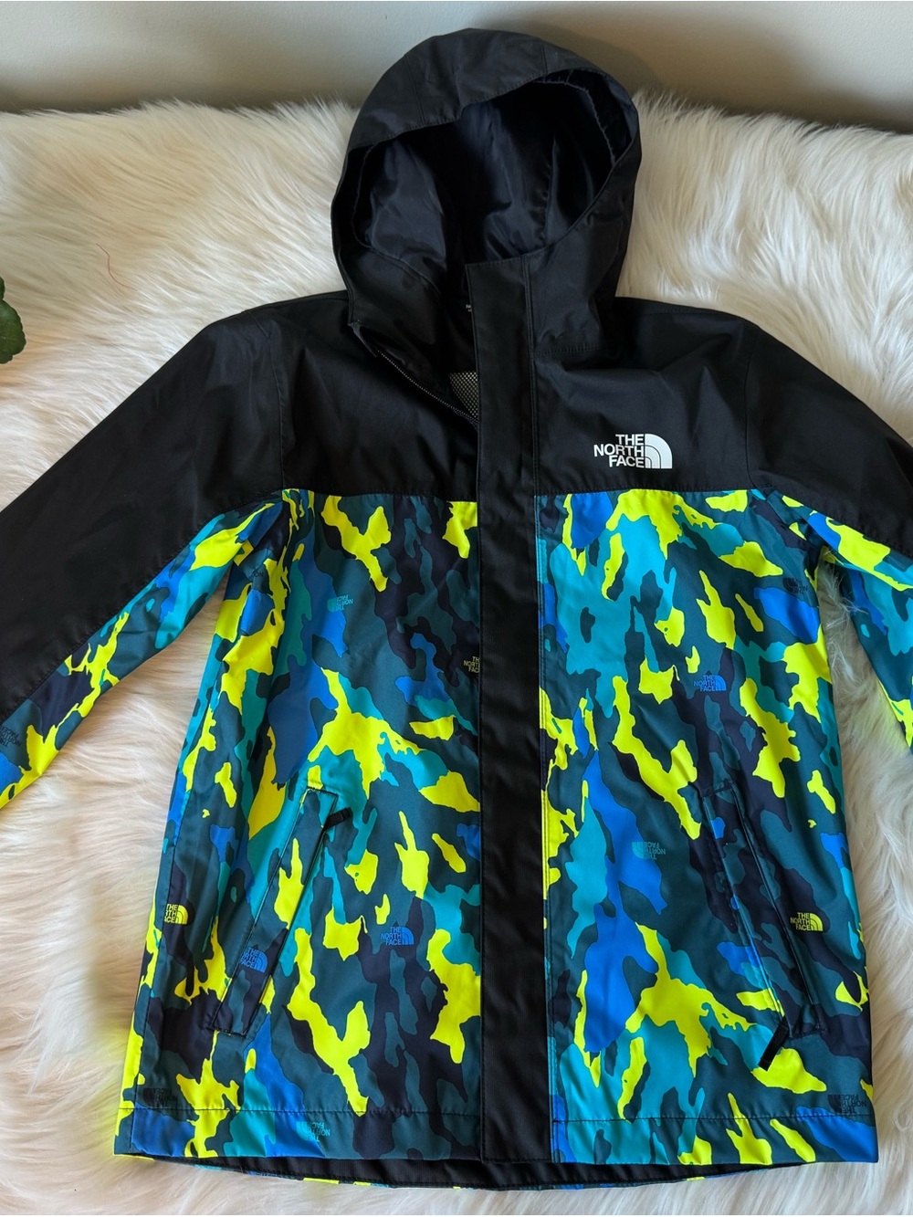 The North Face Black, Neon Blue & Neon Yellow Camo Hooded Jacket